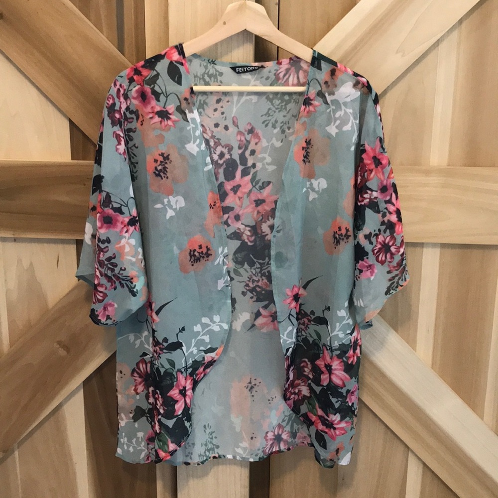 Green floral print kimono
